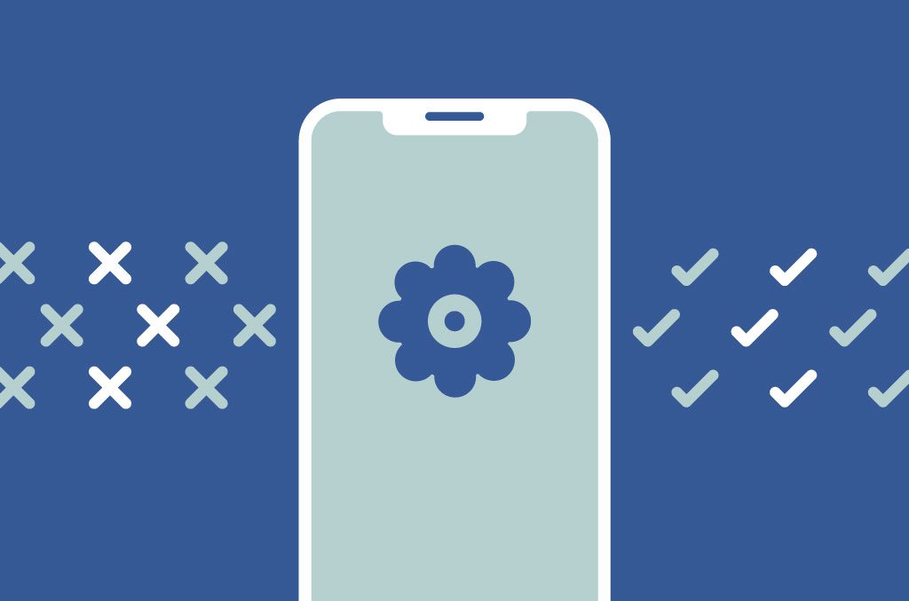 Um telefone com um ícone de engrenagem no meio da tela. Quatro cruzes e quatro tiques ficam de cada lado do telefone.