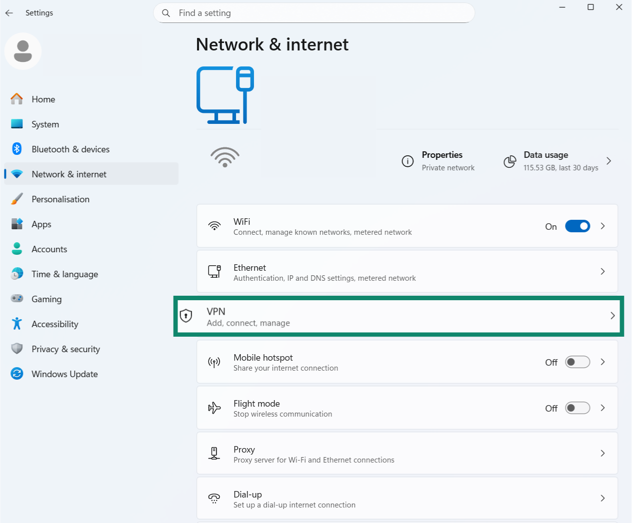 The Network & internet menu of the Settings app, showing the VPN option.