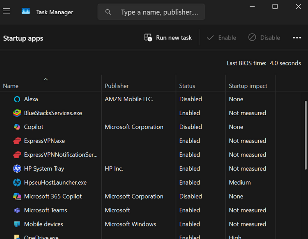 Windows Task Manager Startup apps list, including ExpressVPN and Microsoft Teams.