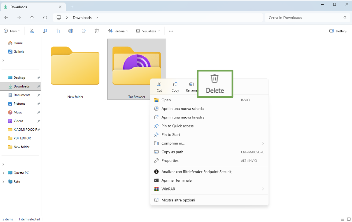Windows 11 window showing all apps and folders in Desktop, with Tor browser folder and Delete option highlighted.
