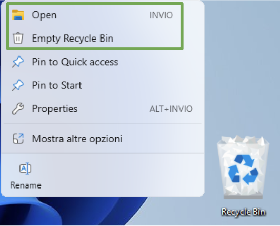 Windows 11 dropdown menu with the options to open the Recycle Bin and empty it highlighted.