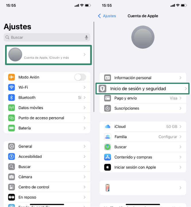 iPhone Settings showing Apple ID menu and Sign-In & Security option.