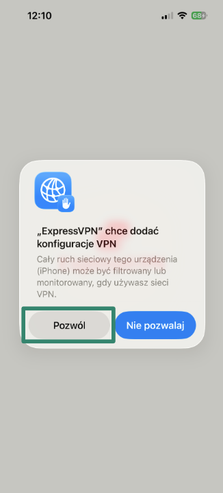 Allowing ExpressVPN to add VPN configurations on iOS.