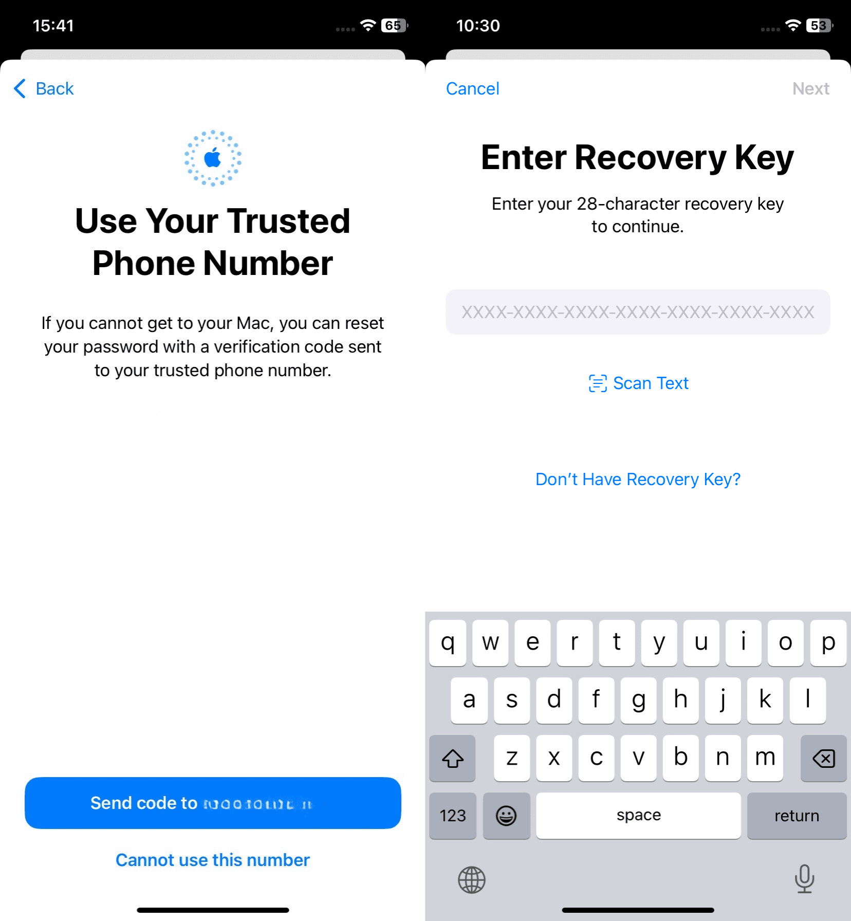 Use Your Trusted Phone Number iOS screen with the Send code button (left) and Enter Recovery Key screen (right)