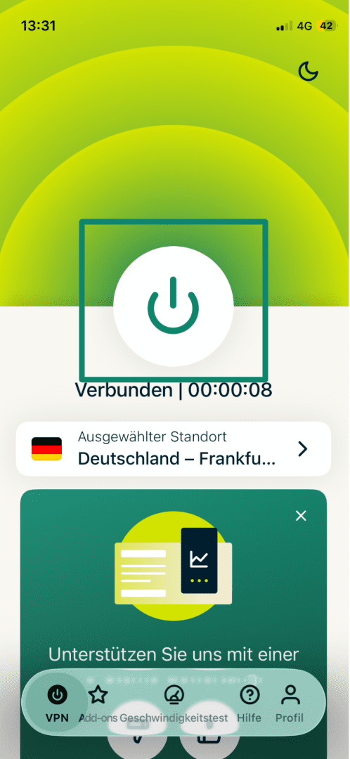 ExpressVPN's home manu with an active connection