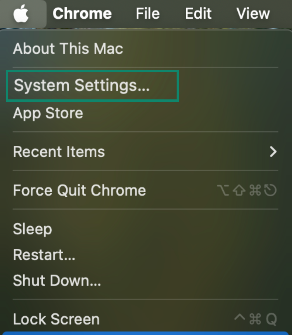 Apple menu showing System Settings option selected.