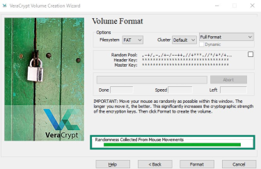 VeraCrypt Volume Creation Wizard Volume Format screen with the progress bar highlighted.