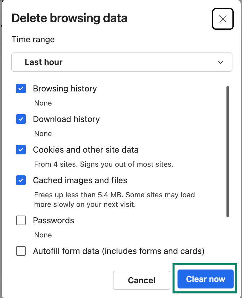 Edge delete browsing data window with Clear now button.