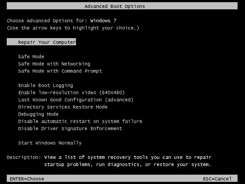 Screenshot showing the advanced boot options with Safe mode in Windows