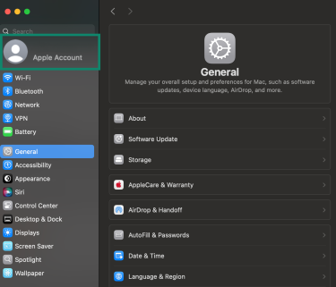 Mac System Settings/Preferences with the user name highlighted.