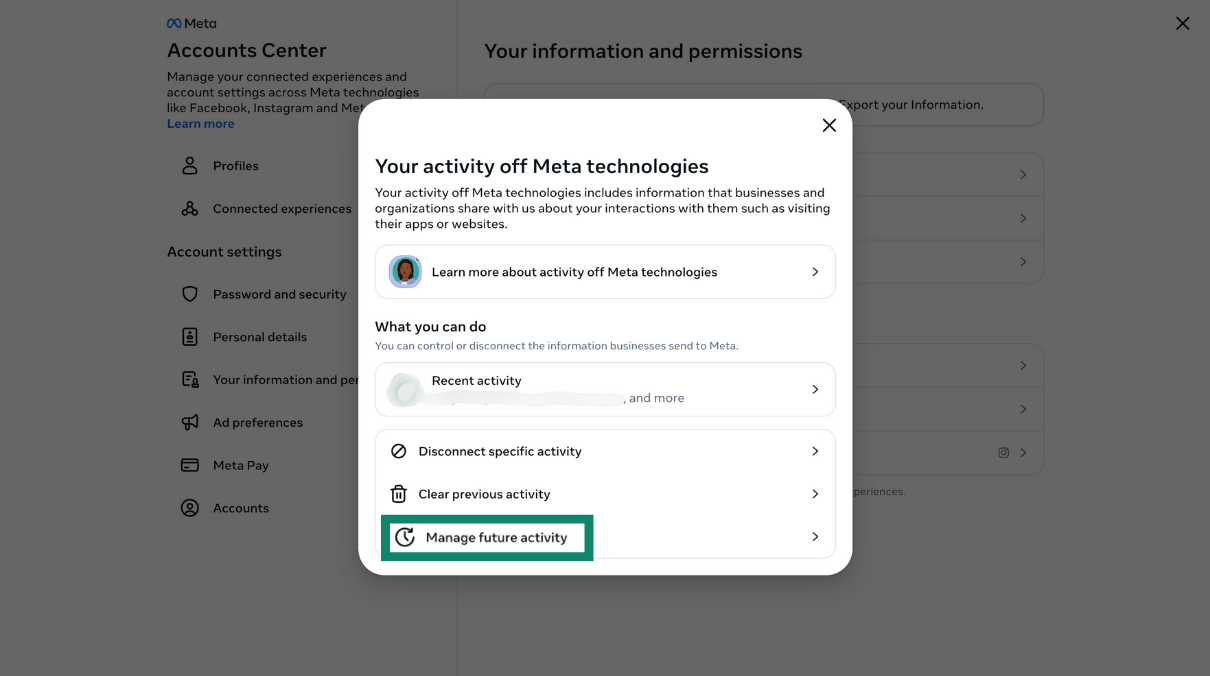 Facebook Your activity off Meta technologies page with Manage future activity highlighted.