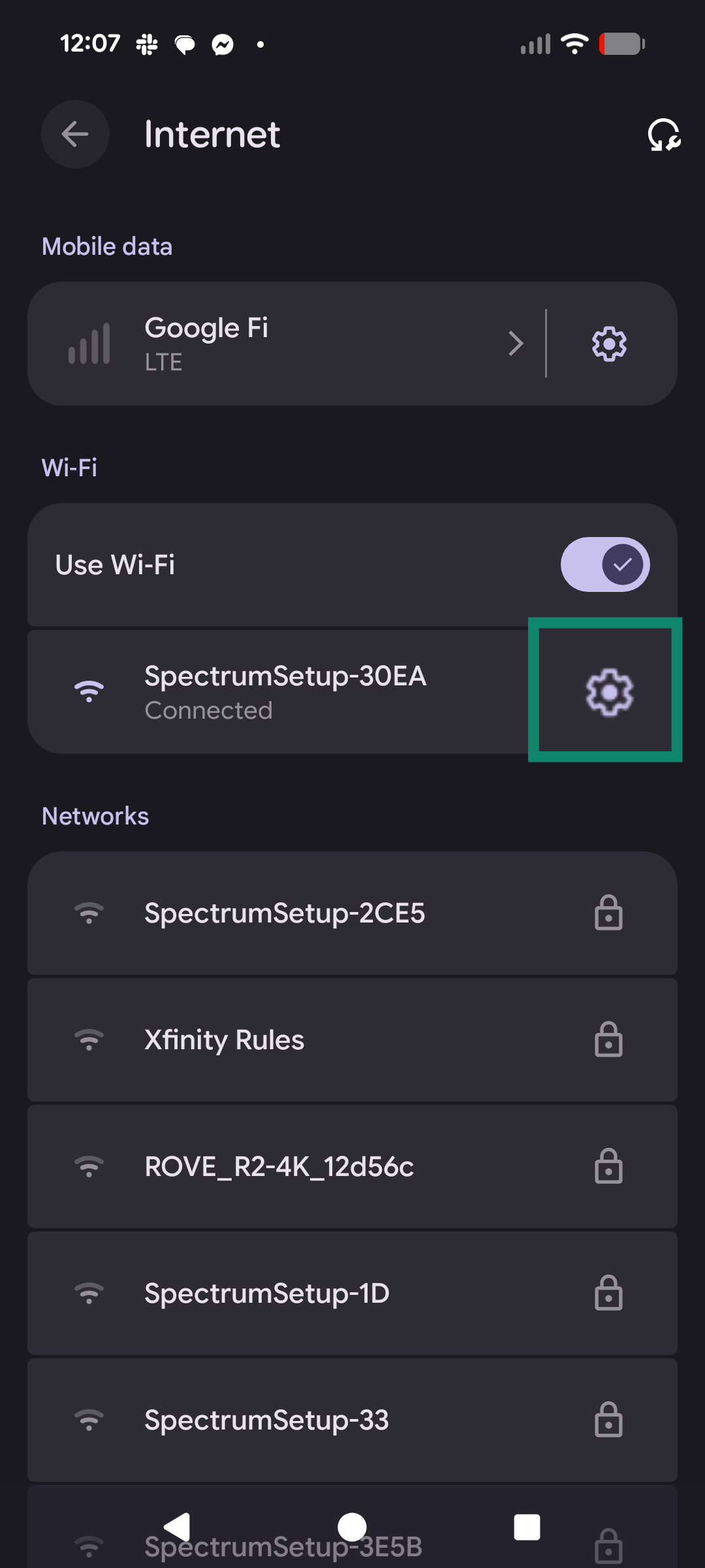Android Wi-Fi settings with connected network gear icon highlighted.