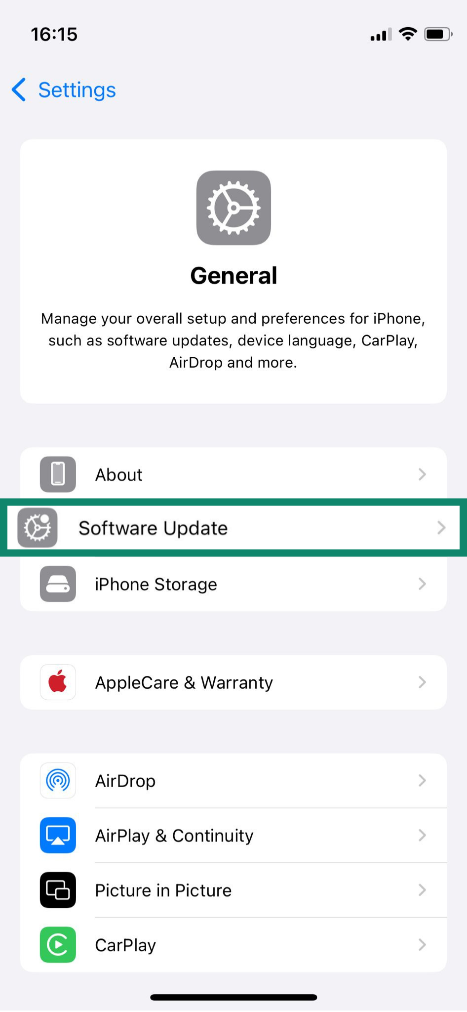 iPhone General settings showing how to access software update options.