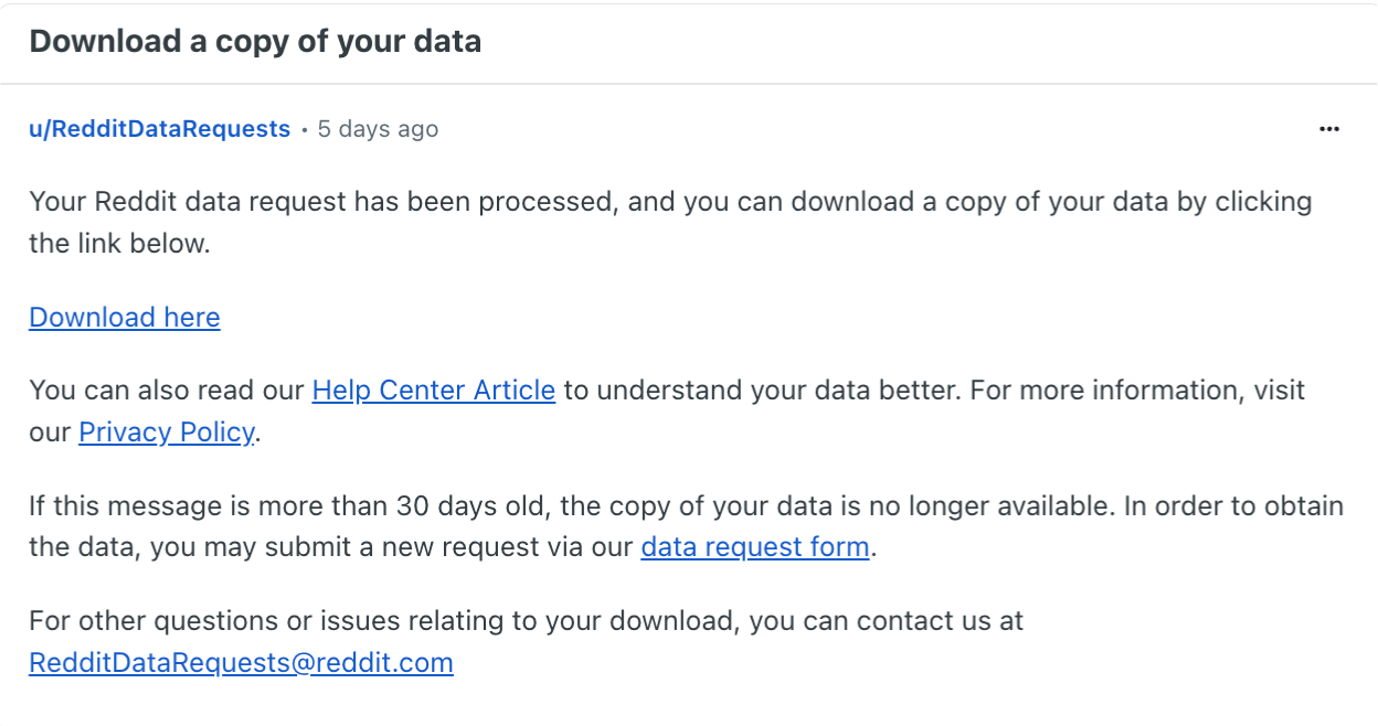 Reddit data download confirmation.