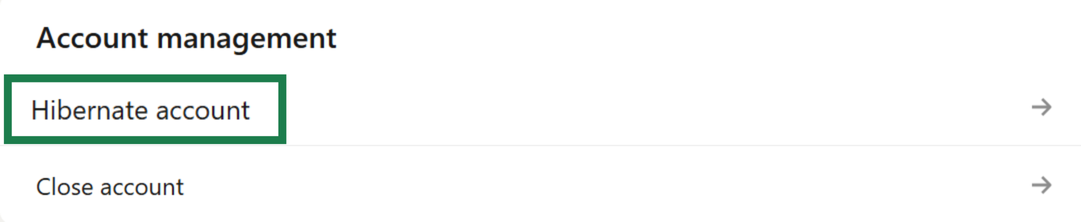 The "Account management" section of LinkedIn settings, with the "Hibernate account" option highlighted.