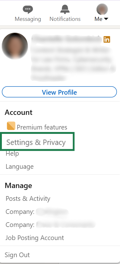 LinkedIn dropdown menu with the "Settings & Privacy" option highlighted.