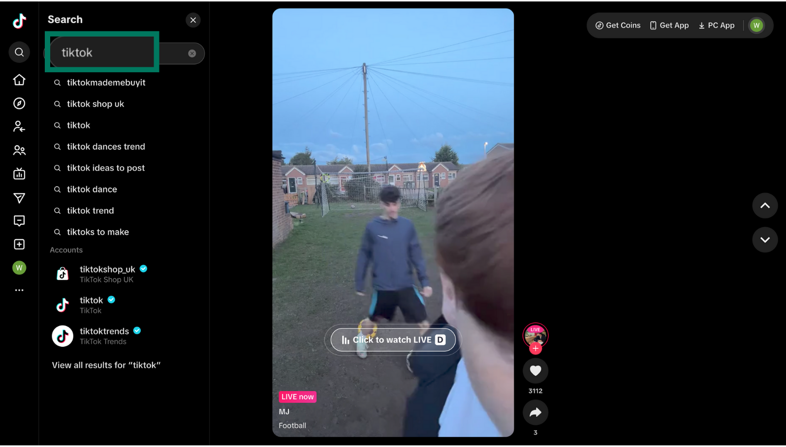 TikTok desktop search screen with “tiktok” typed in sidebar search field, highlighted in green.