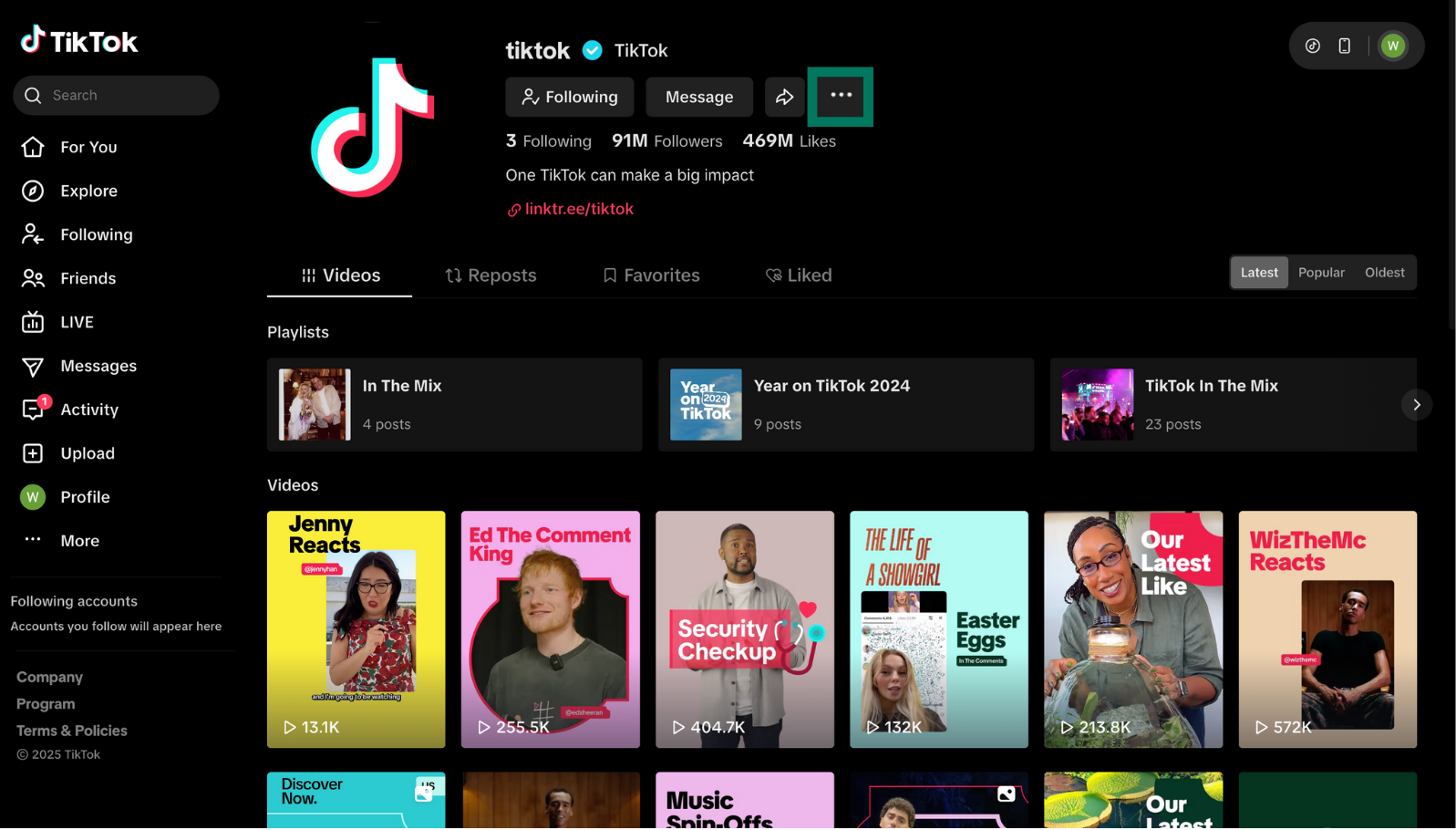 TikTok desktop profile page with three-dot menu highlighted beside Follow and Message buttons.