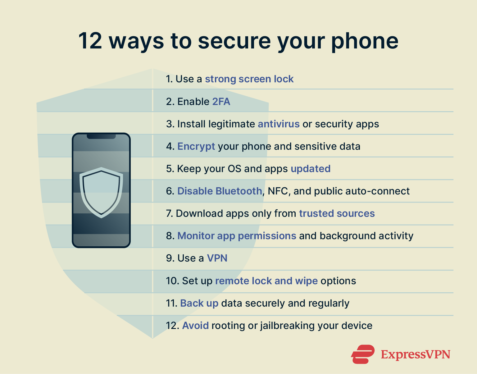 An infographic listing 13 ways to secure your smartphone