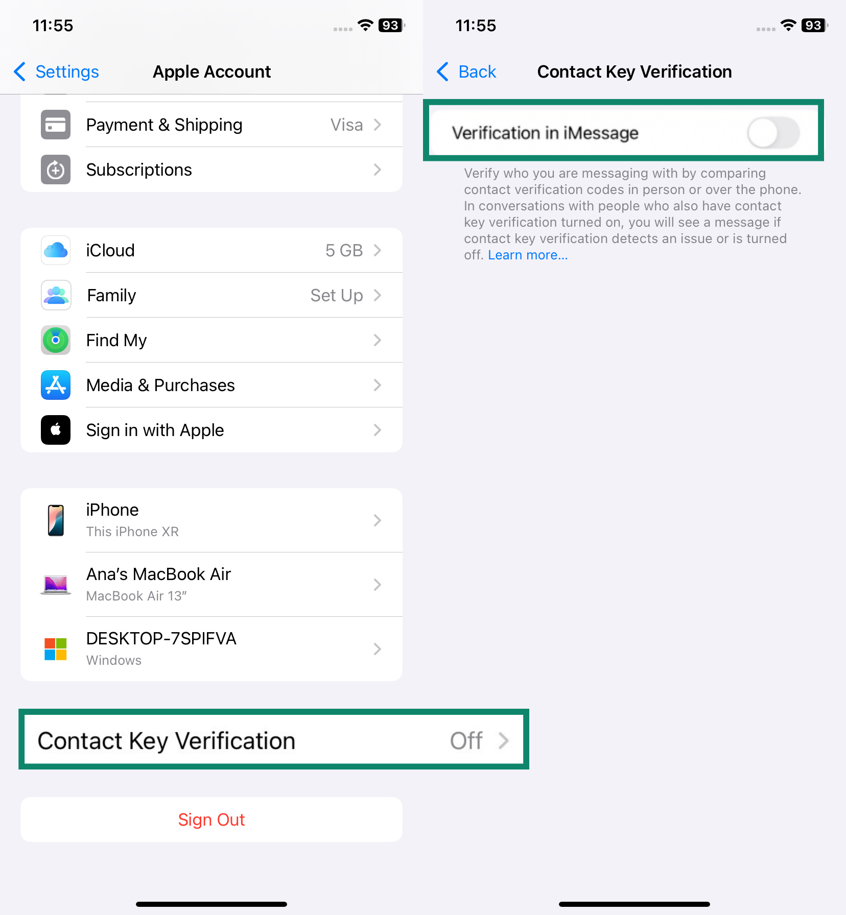Two side-by-side iPhone screens for iMessage Contact Key Verification, indicating that the feature is ready to be turned on.