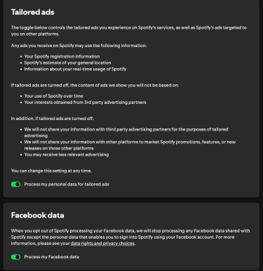 Spotify Account privacy settings, showing the toggles for Tailored ads and Facebook data.