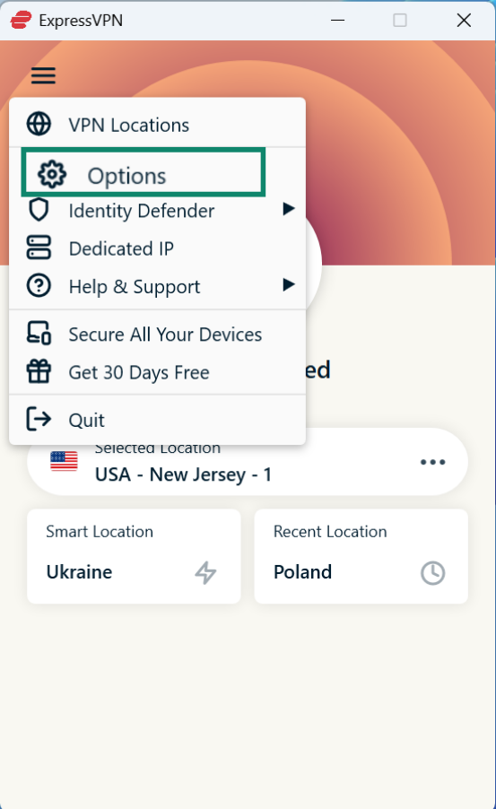 The Options settings on the ExpressVPN app for Windows.