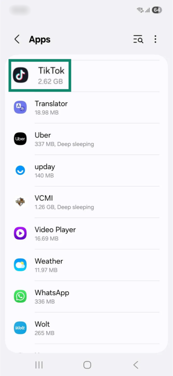 The "Apps" page on Android. The TikTok app entry is enlarged and highlighted.