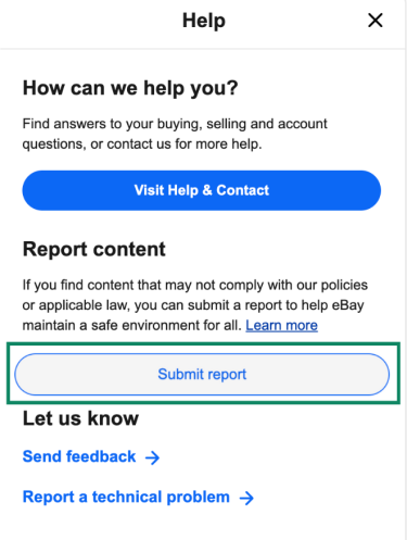 eBay Help menu showing the Report content section with the Submit report button