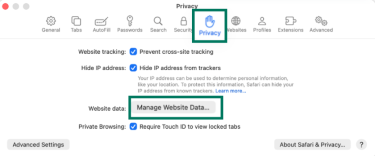 Safari Privacy settings showing Manage Website Data option highlighted.