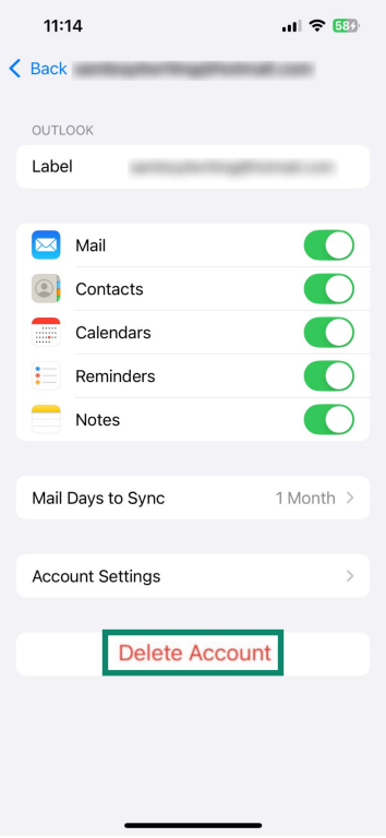 Screenshot showing how to delete an account on iPhone