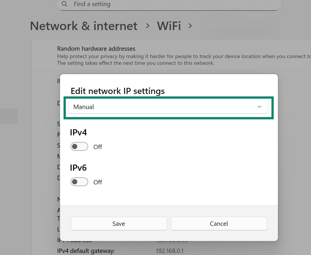 Choose to manually adjust Windows IP settings.