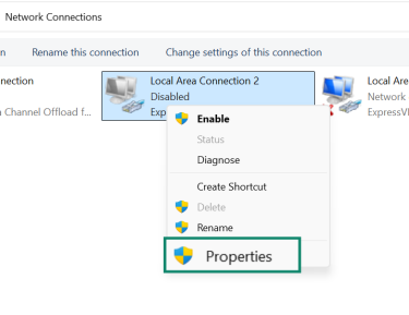 Network Connections window with Local Area Connection 2 context menu and Properties selected.