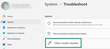 Troubleshoot settings page with Other troubleshooters highlighted.