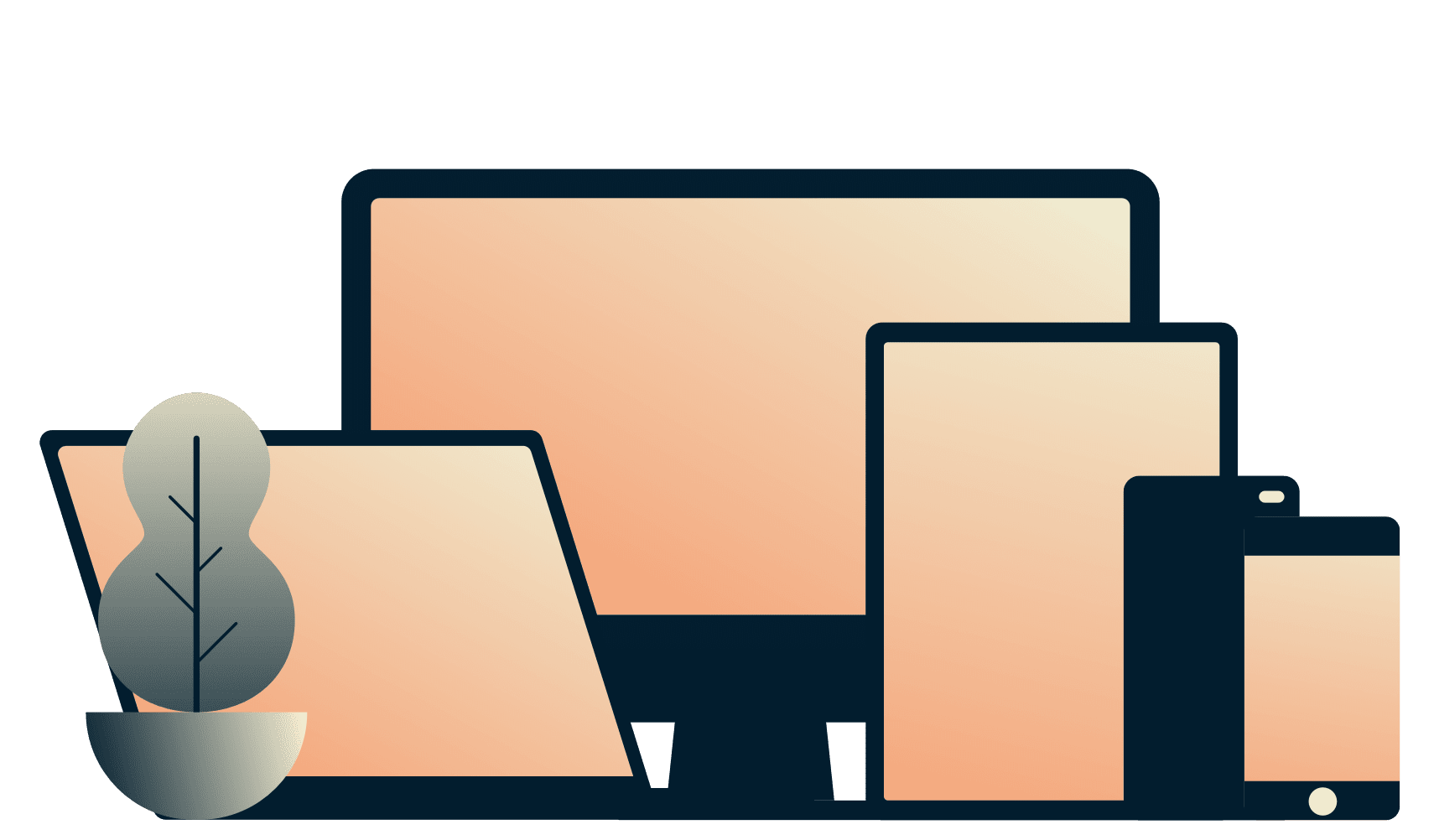 Mobiltelefone, ein Tablet, ein Laptop und ein Desktop, auf all denen gleichzeitig ExpressVPN läuft.