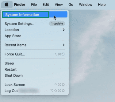Screenshot from macOS showing the Apple Settings menu with the System Information option highlighted