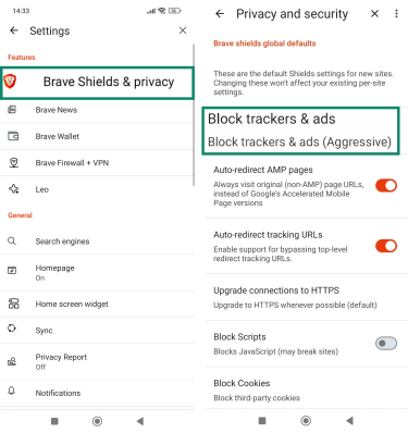 Brave browser privacy settings to block ads and trackers on Android.