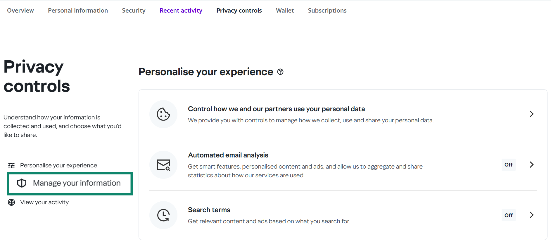 Yahoo Privacy controls menu with the Manage your information option highlighted.