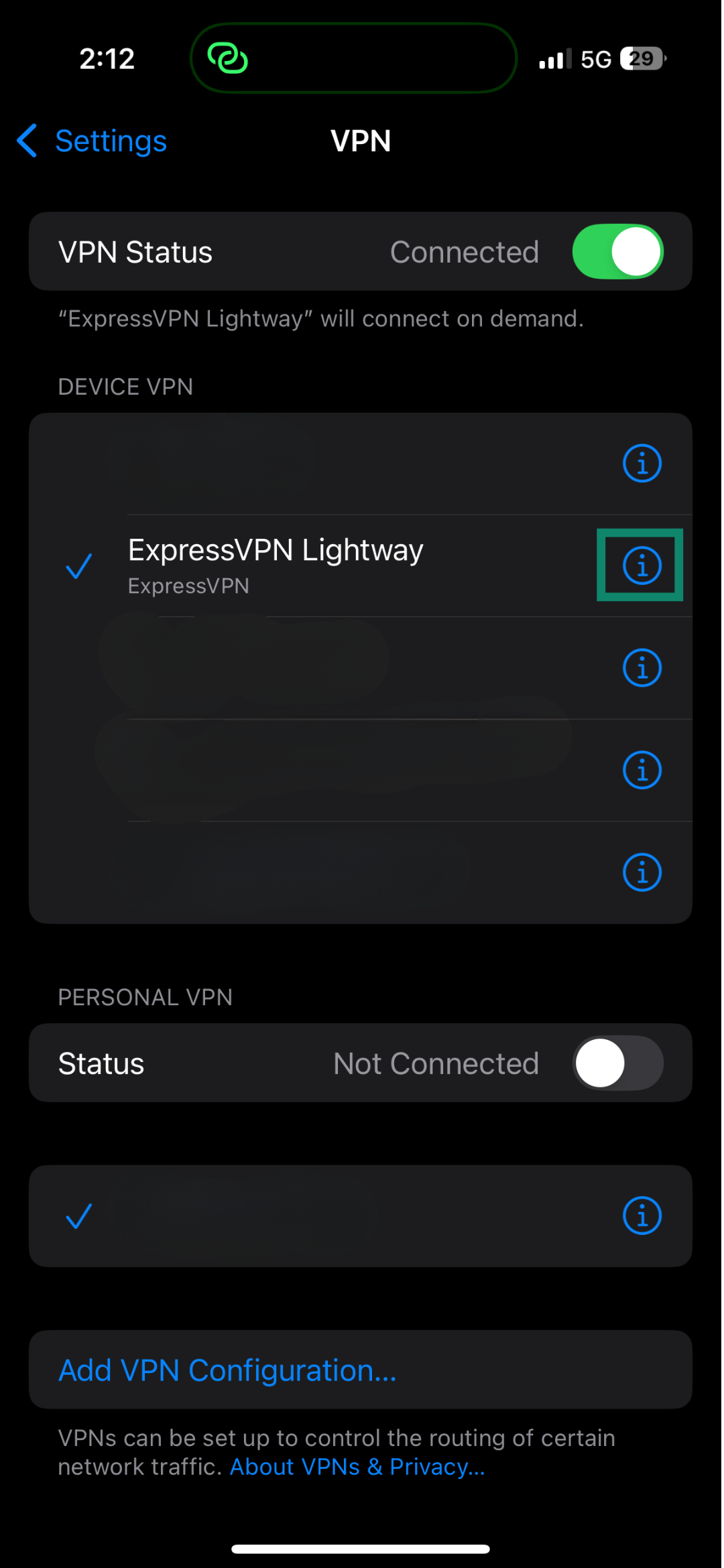 iPhone VPN settings screen showing ExpressVPN Lightway as the active connection.