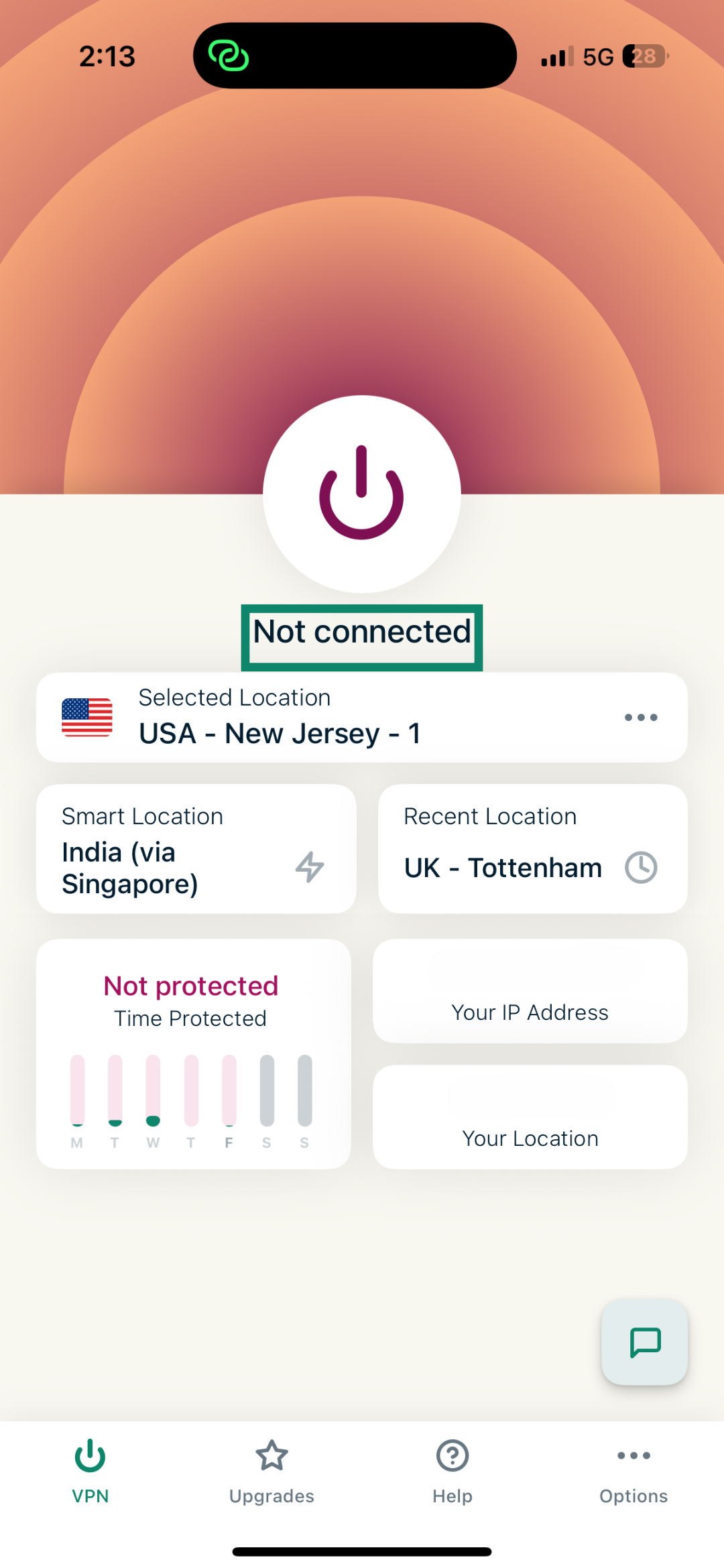 ExpressVPN iOS app interface with the VPN disconnected.